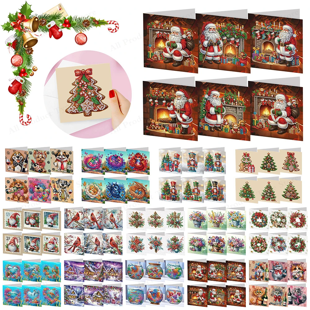 6 Stück Diamant-Malerei-Kunst-Grußkarte, Weihnachten, Weihnachtsmann, Schneemann, Diamant-Mosaik-Set, tägliche Wunschkarten, Weihnachtsdekoration