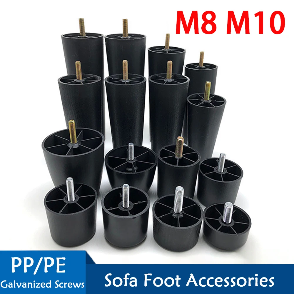 Round Tapered Black Plastic Furniture Legs Feet High 25-180MM Anti Slip Foot Pad With M8 M10 Thread Shank For Sofa And Chair