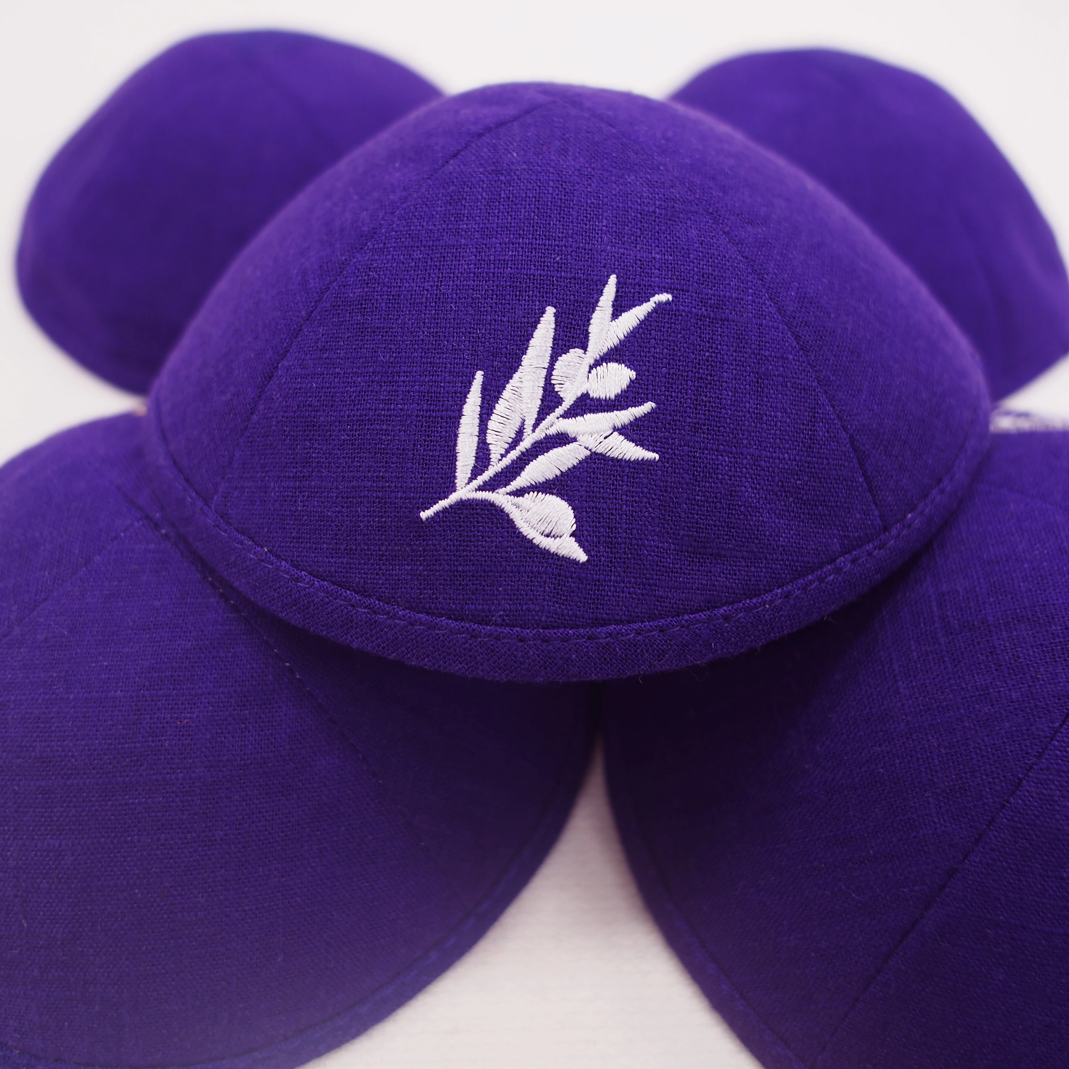Purple custom embroidered linen kippah Jewish Ahava, customizable for weddings, barbat mitzvahs, and Jewish gifts