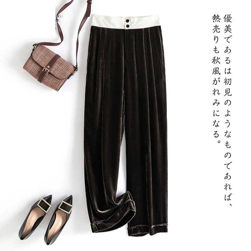 

100% Silk Velvet Pants Women Mid Waist Pockets Solid Long Pants Simple Design Casual Pant New Fashion