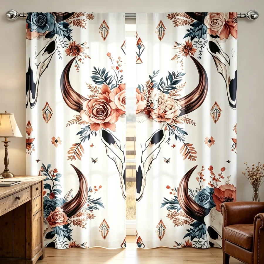 2PCS Digital Print Curtain, Bull Skull with Surrounding Flowers, Western Boho Gothic Style for Living Room Bedroom Decor