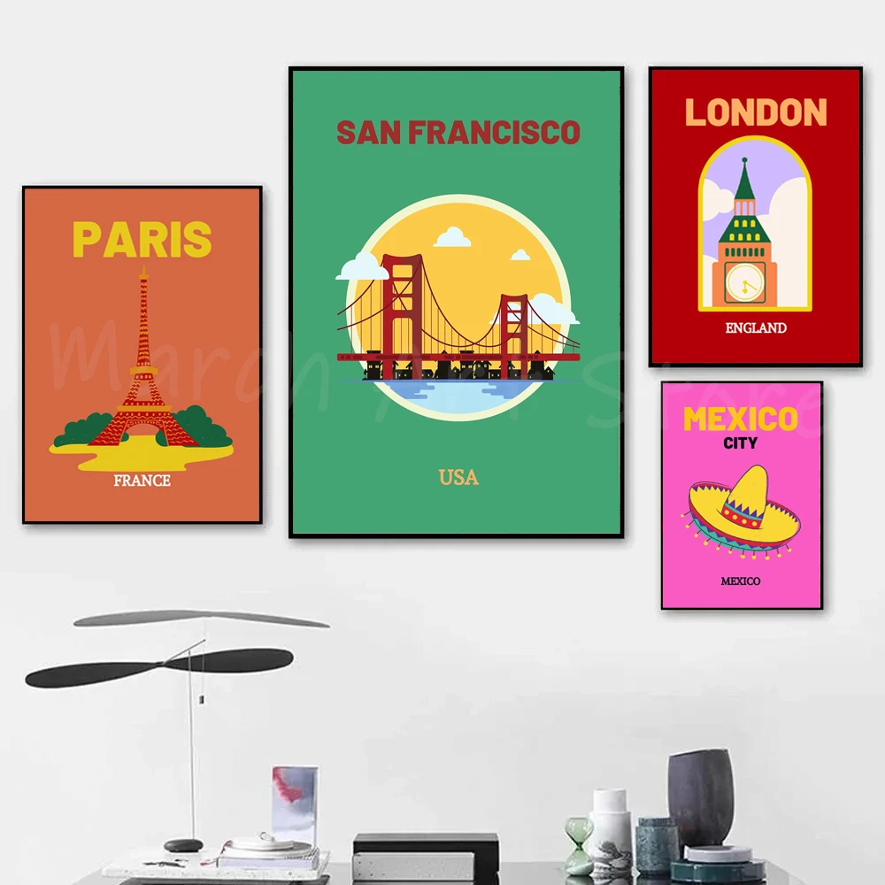 Travel Art Poster Paris Mexico  Colorful Travel Wall Art Canvas Painting Prints Gallery Wall Decor Gifts Bedroom Porch Decor