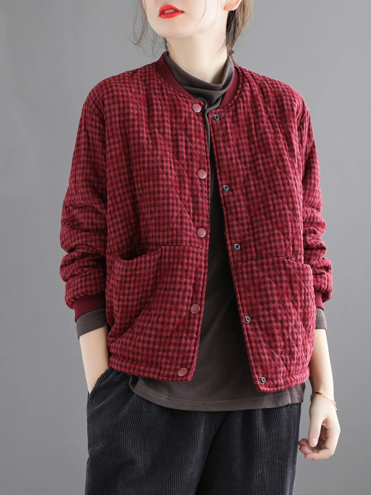 

Korean Japanese Sle Women's Loose Fit Thiened Long Sve Cotton Jaet Retro Vintage Button up ort Coat Ches Pattern