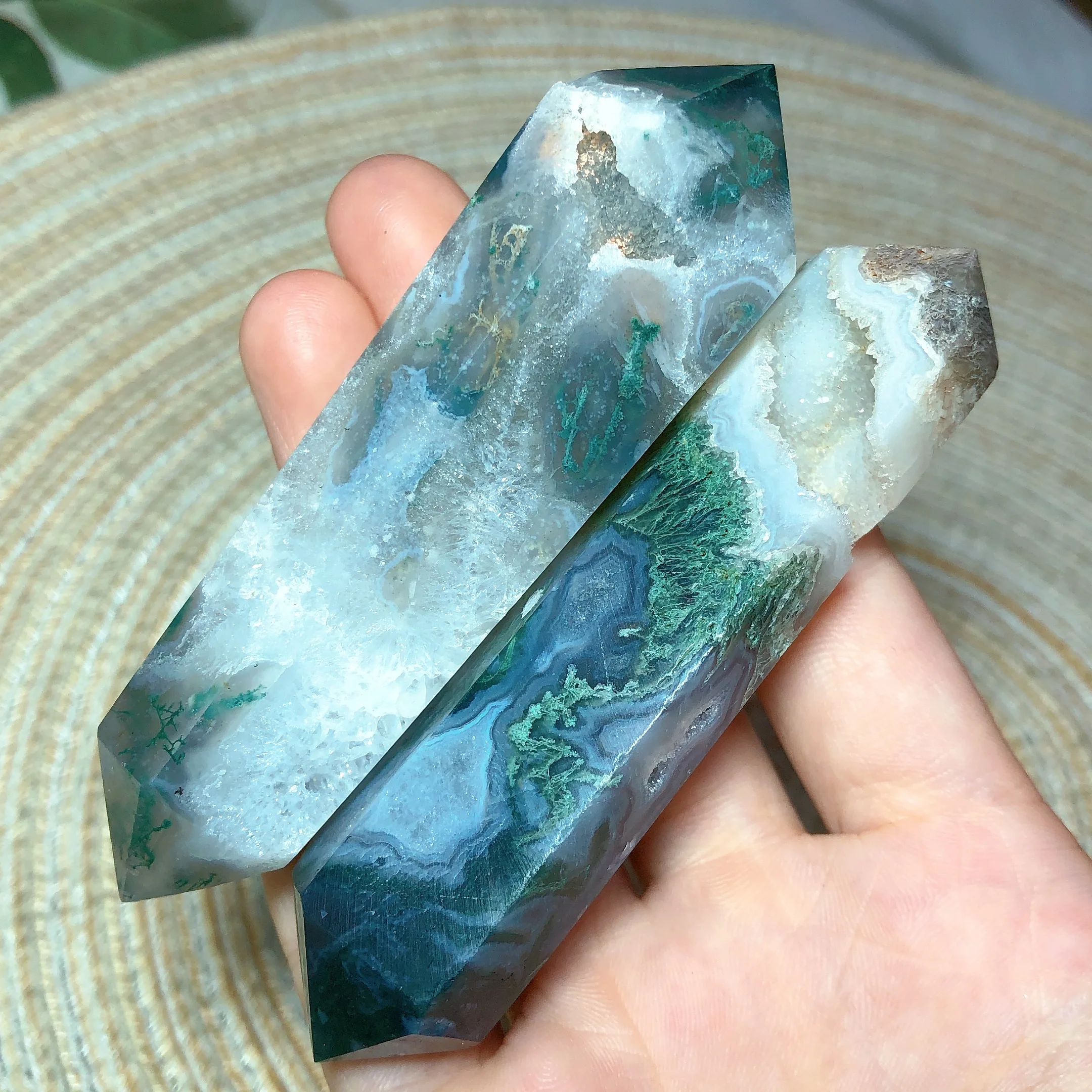 

Natural Crystal Moss Agate Druzy Geode Double Point Healing High Quality Gemstone Reiki Home Decorations Room Decor