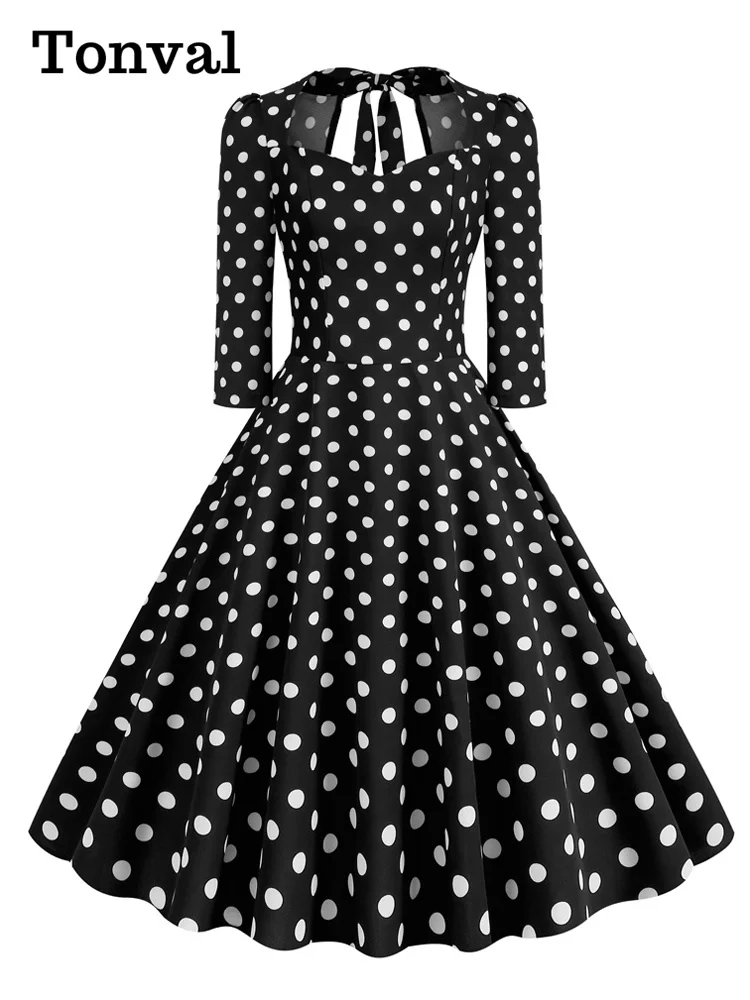 

Tonval Sweetheart Neck 3/4 Length Sleeve Autumn Polka Dot Vintage Dress Birthday Outfits Women Party Midi Swing Dresses