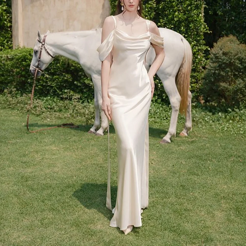 

Elegant Satin Evening Dresses Off The Shoulder Sleeveless Mermaid Wdding Dress High Quality Formal Occasion Banquet Prom Gown