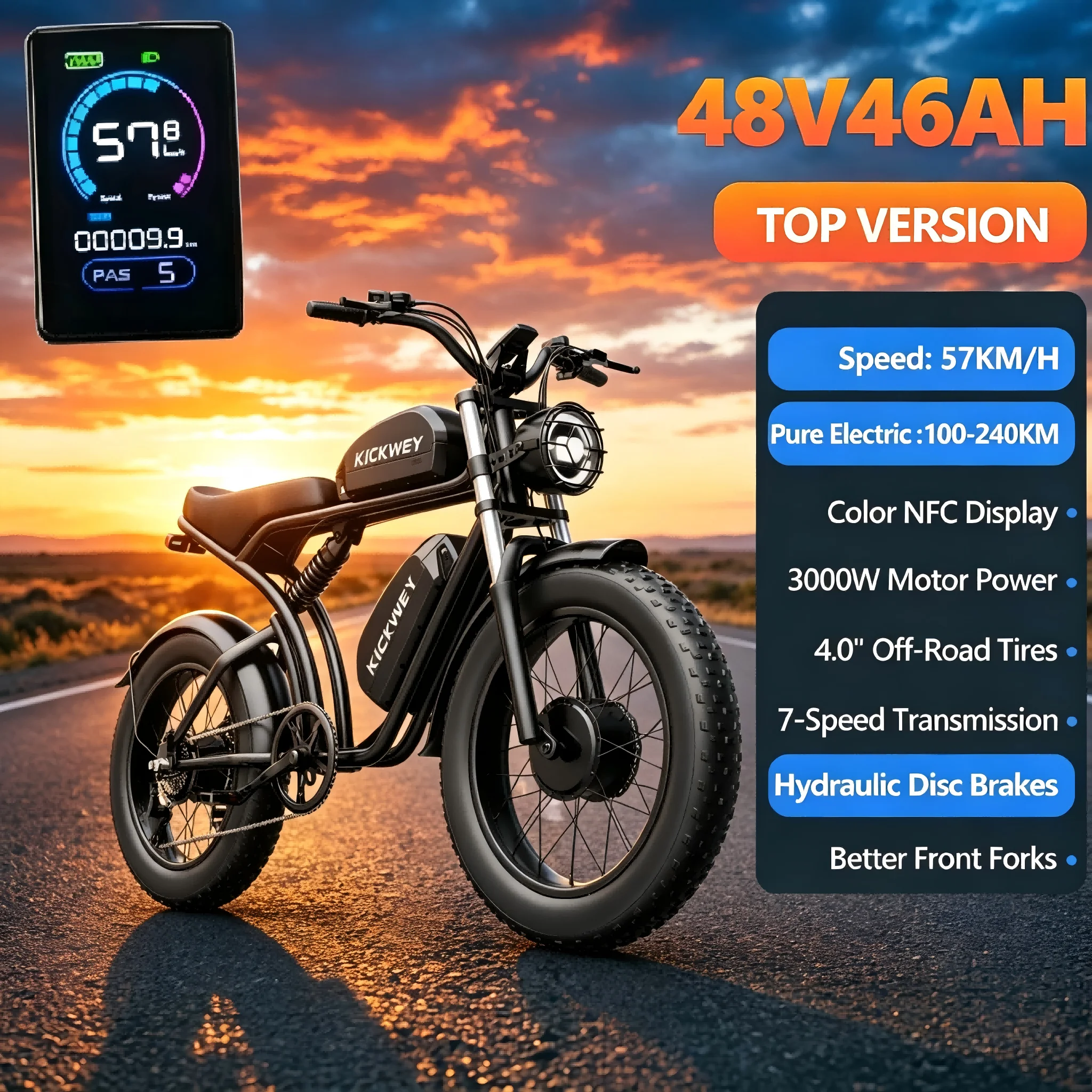 Vélo électrique à double moteur KICKWEY K7-SS/SD, 48V 23AH/46AH, vélo électrique tout-terrain à pneus larges de 20 pouces, options double batterie/mot