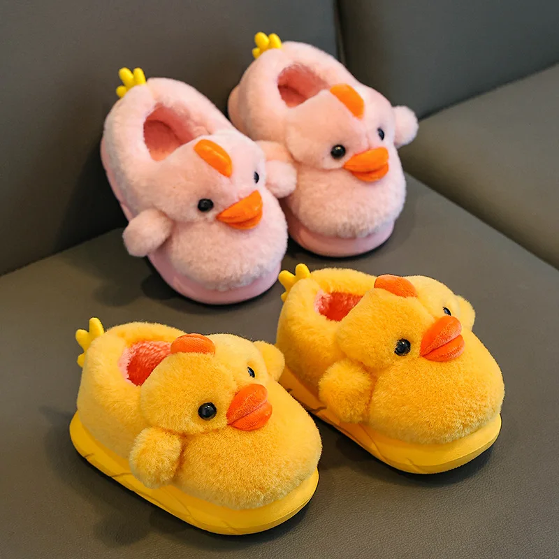 Kids'Slippers Plush Cartoon Fluffy Suede Winter Shoes For Children Anti-slip Thick Bottom Home Slipper Yellow Pink Size 22-33