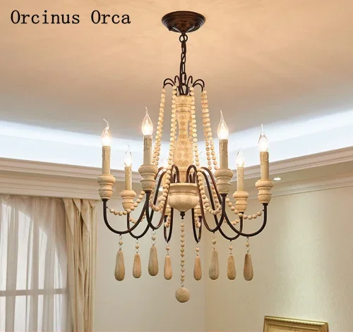 American retro white wooden bead chandelier living room dining room bedroom French garden led candle decoration Chandelier