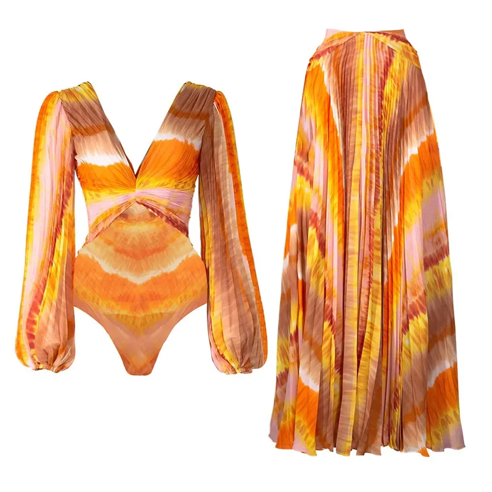 

Printed Puff Sleeve Swimsuit With Cover Up Women Swimwear Sexy Bikinis Deep V Biquini Belt Swim Suit Bodysuit Bathsuit Beachwear