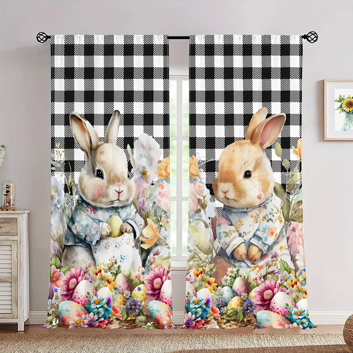 Cute Rabbit Colored Eggs Easter Cartoon Print Curtains Bedroom Living Room Dining Room Children's Room Holiday Curtains 2 Pieces