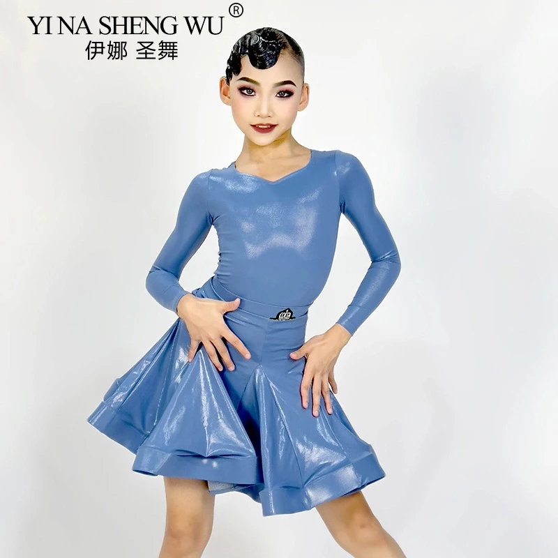 Nuovo vestito da ballo latino per ragazze in pelle brillante a maniche lunghe diviso Set per bambini Costume da ballo latino professionale Cha-cha