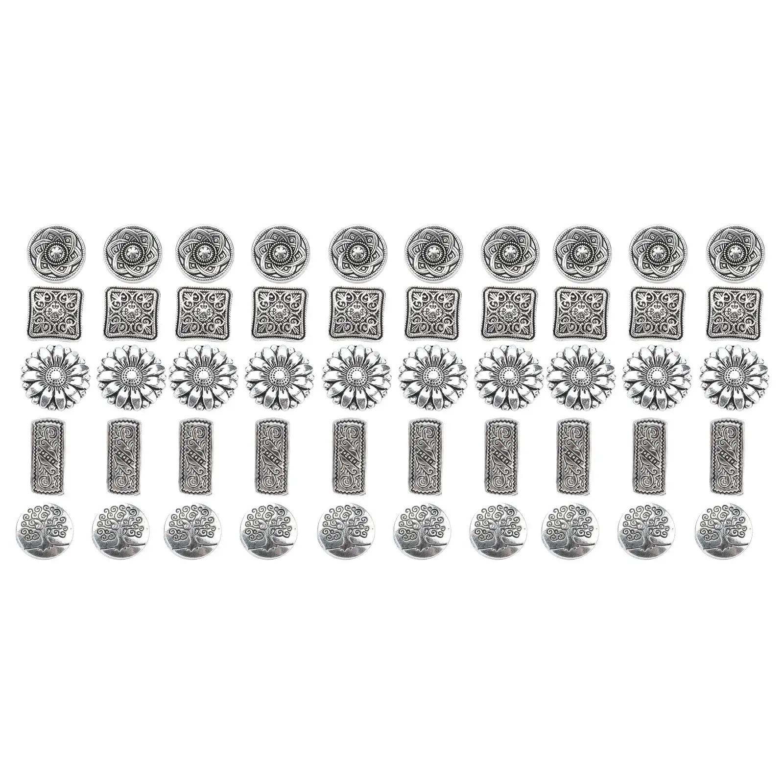 50Pcs Button Mixed Antique Silver Round Tetragonum Flower Shape Retro Creativity Clothing Accessories