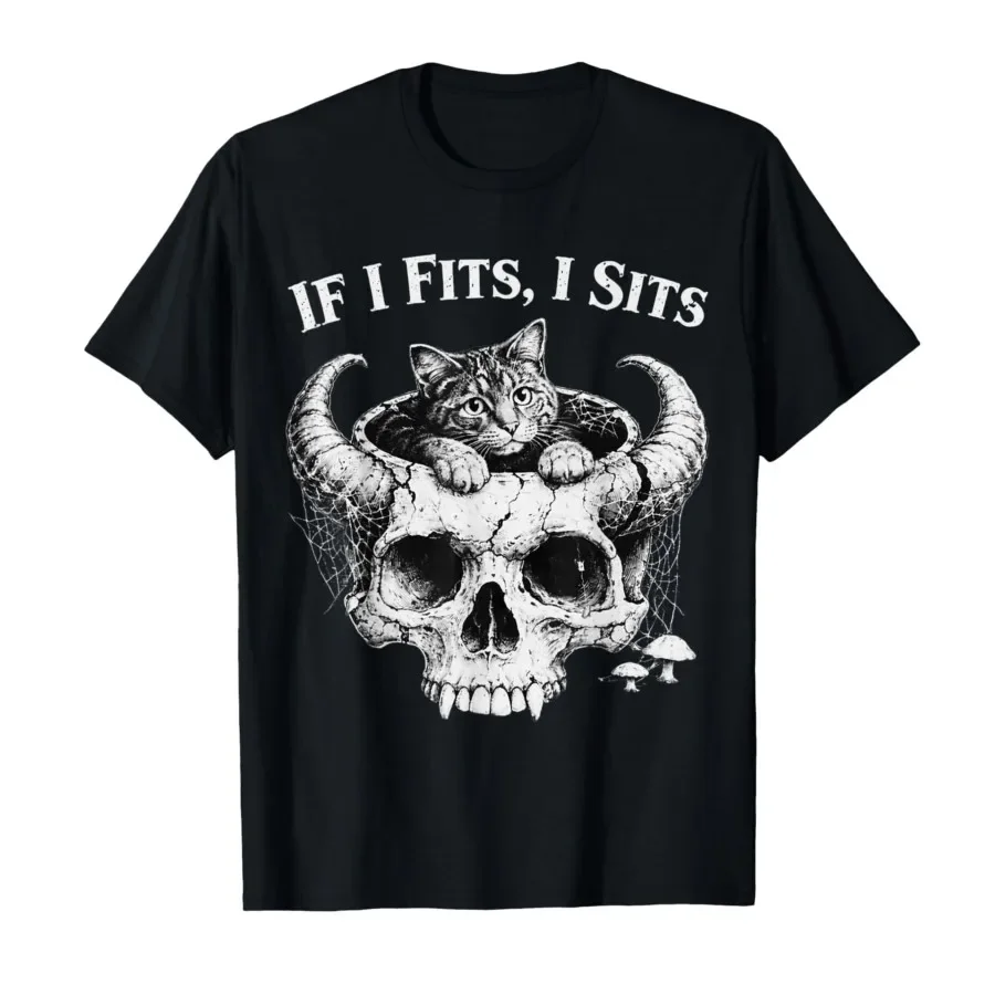 

If It Fits I Sit Cat Meme Skull Dark Humor T-shirt For Men Women 100% Cotton T Shirts Short Sleeve Tops 0417-1