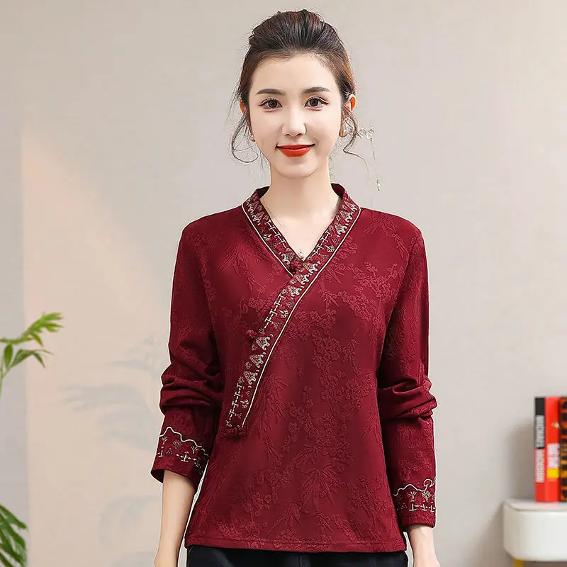 

Куртка с v-образным вырезом в китайском стиле и вышивкой в этническом стиле, теплый осенне-зимний топ, женские элегантные улучшенные комбинезоны, пальто с длинными рукавами