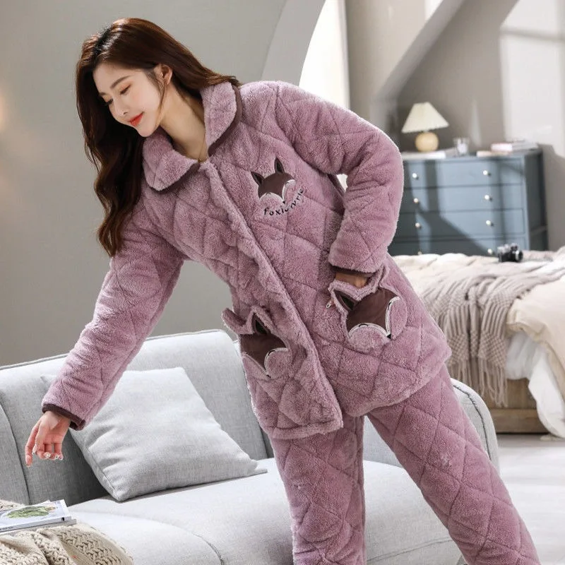 Pajamas Women Winter Three-layer Thickened Plush Sandwich Two-piece Flannel Women Cotton Padded Clothes Household Clothes Set