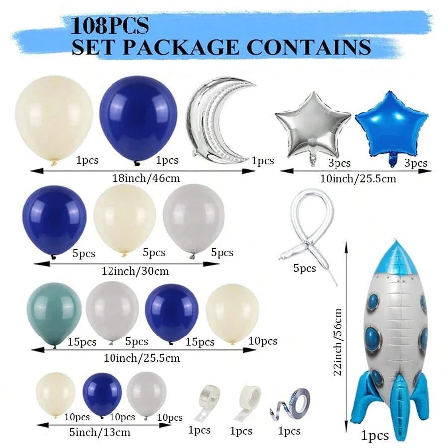 108pcs/Set The Outer Space Star Rocket Moon Themed Balloons Garland Arch Kit 1st 5th Girl Boy Happy Birthday Party Decorations