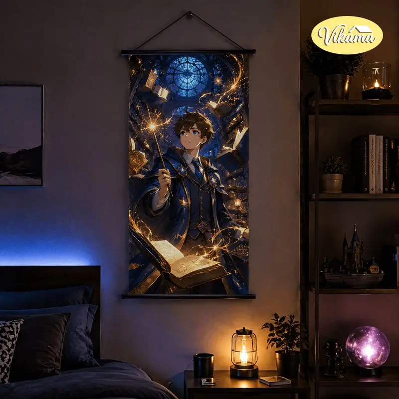 VIKAMA Anime Wizard Boy Tapestry Magic Book Mythical Beast Magical Art Wall Hanging Bedroom Living Room Aesthetic Home Decor
