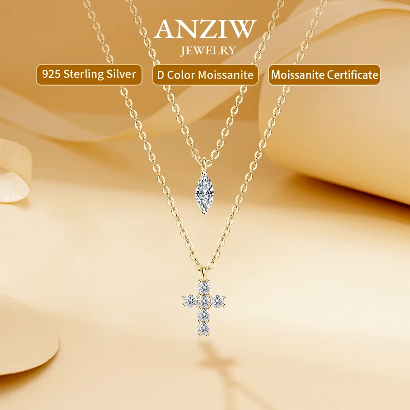 

Anziw Moissanite Cross Pendant Double Layers Necklace for Women 925 Sterling Silver Religion Faith Charm Jewelry Gifts Christmas