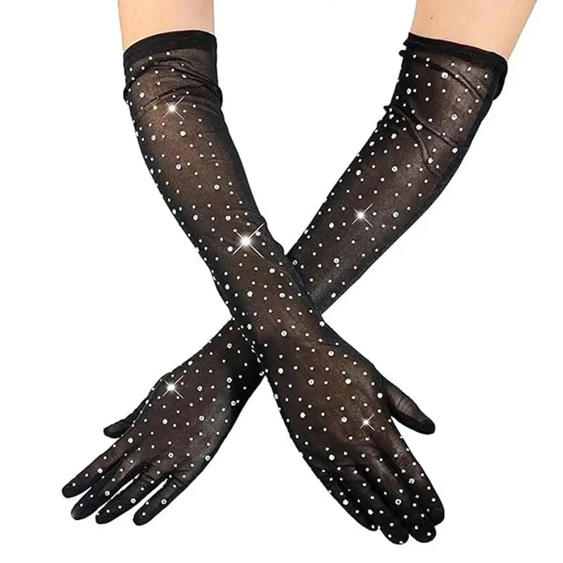 Fashionable Black Mesh Flash Diamond Net Gloves for Dancing Retro Colorful Rhinestone Party Supplies
