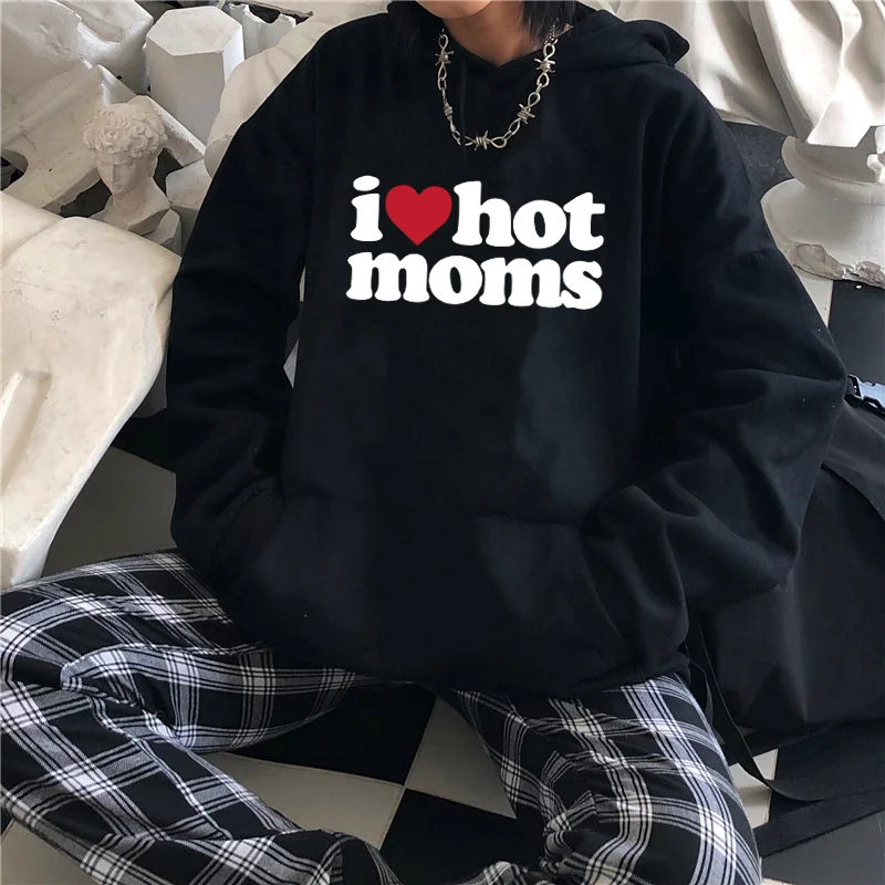 Funny I Love Hot Moms hoodie kebesaran Pria Wanita, kaus kasual huruf grafis bertudung Pullover Y2k Emo pakaian jalanan