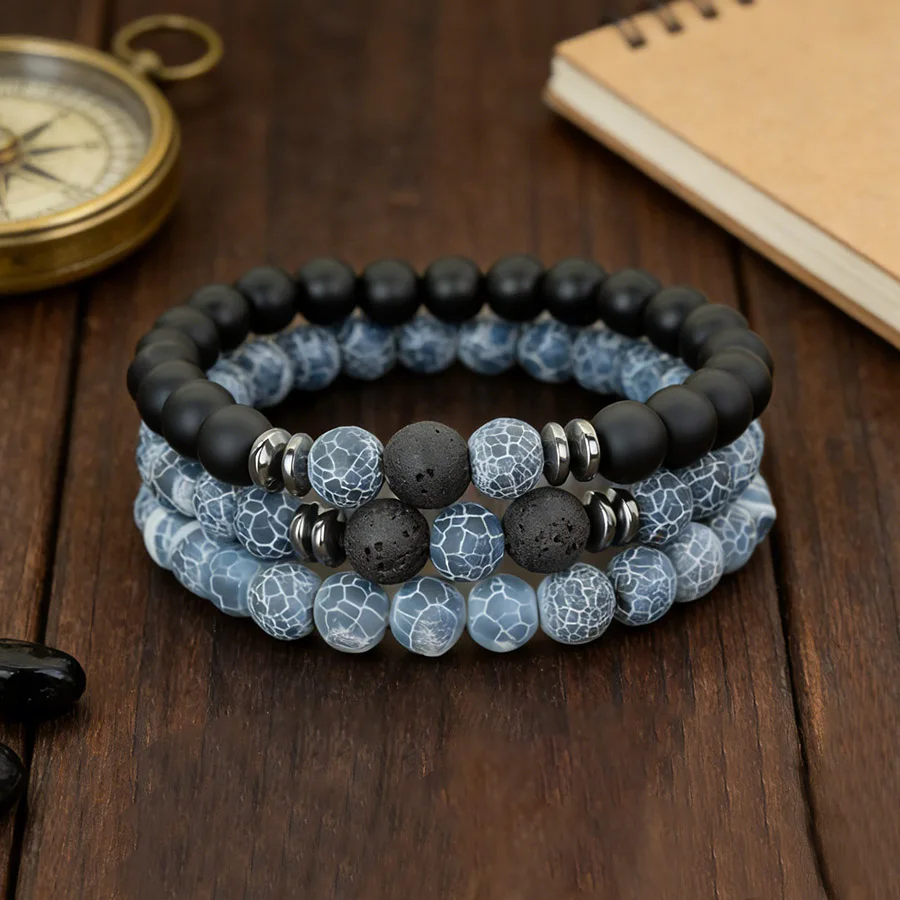 3-teiliges Stilvolles Herren-Perlenarmband 8mm Naturstein Lava-Perlen Tigerauge Dehnbares Armband Mehrschichtiges Modeschmuck-Geschenk Joias