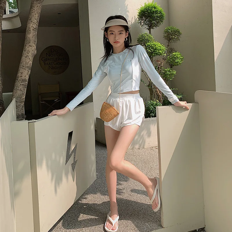 Wisuwore 2023 Korean two piece's Swimwear Women's conservative long-sleeved split flat angle high-neck sports style swimwear