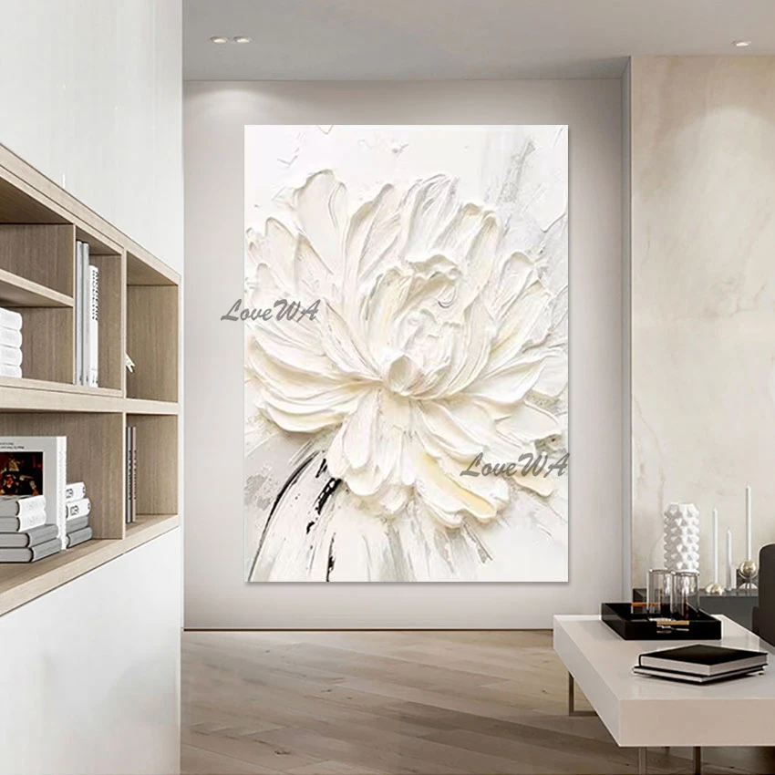 3D Flowers Picture Wall Decor, Palette Knife Canvas Art Design, Hand Drawing, Frameless, Abstract White Thick Acrylic Painting