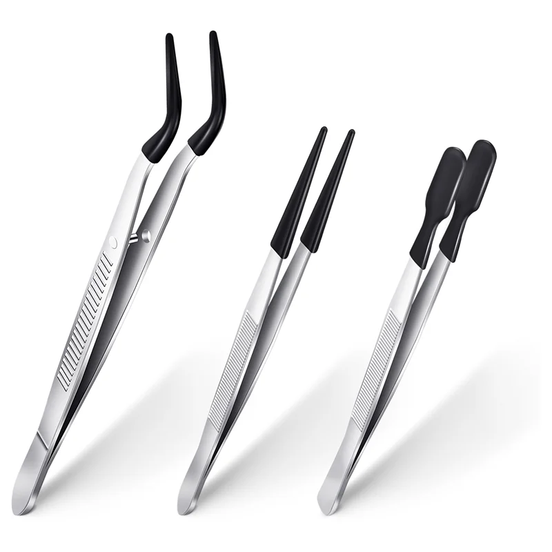 A45M-3 Pieces Tweezers With Rubber Tips Tweezers PVC Coated Tweezers Set, Rubber Straight And Flat Tip Tweezers