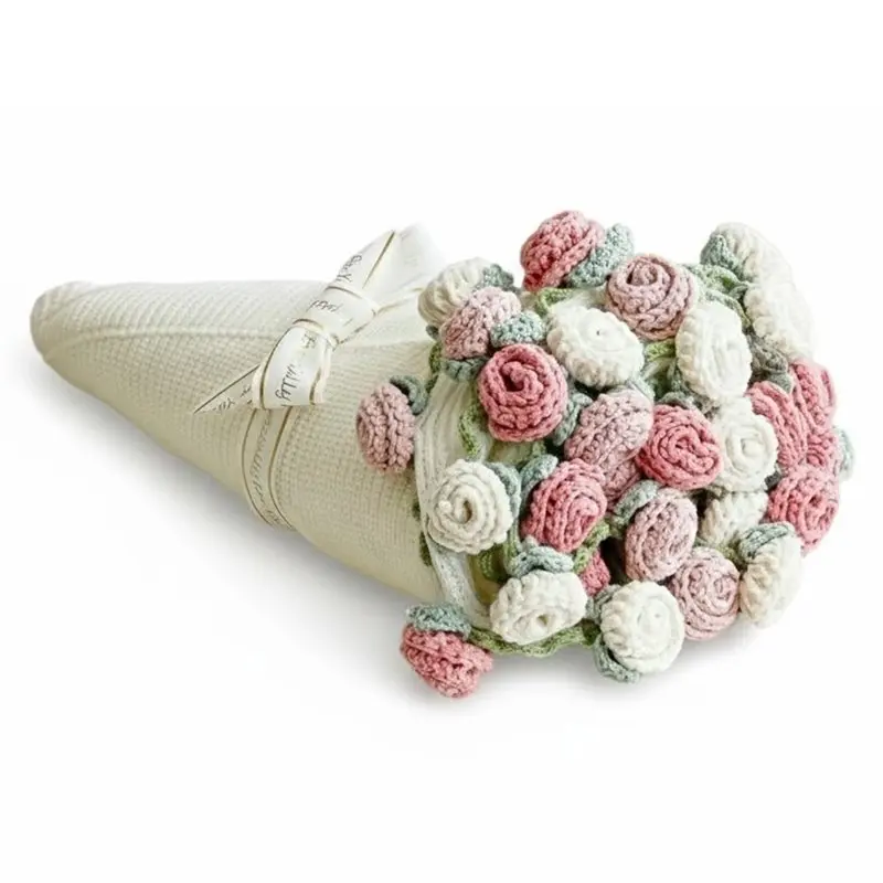 

A26F-Handmade Knitted Blanket With Rose Flowers, Crochet Flower Bouquet Throw Blanket Cute Romantic Gift For Valentine