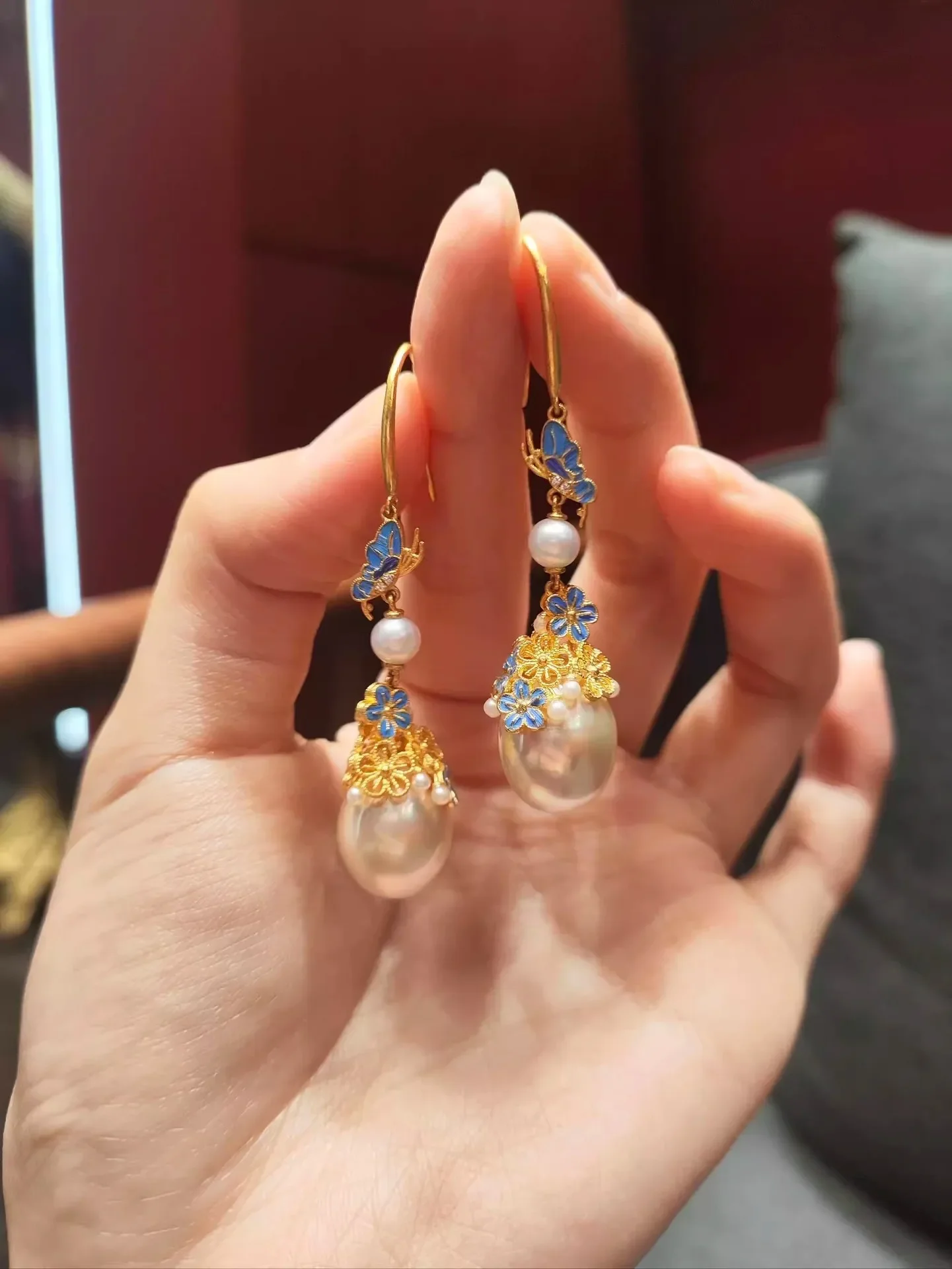 NovaGlod New Chinese style Dot Cui filigree 9999 24K real gold inlaid pearl  for women retro palace style tassel earrings  earri - view 5