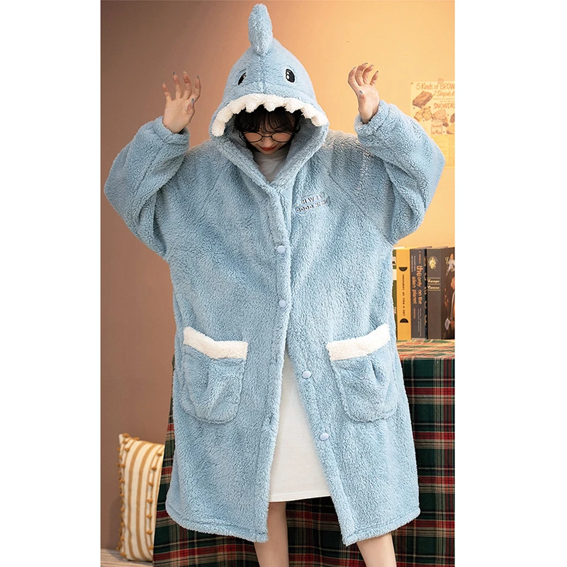 Winter Thicken Warm Nightgown For Women Shark Cosplay Hooded Nightdress Cartoon Pajamas Female Long Sleeve Flannel Robe Homewear