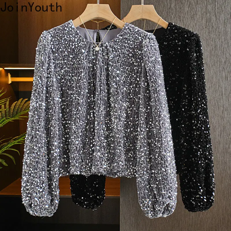 O-neck Long Sleeve Blouse for Women Fashion Heavy Sequined Y2k Tops 2023 Blusas Mujer De Moda Temperament Loose Korean Shirts