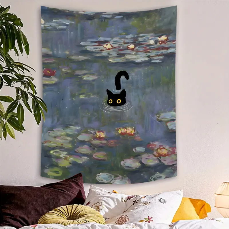 

Cute Black Cat and Landscape Pattern Polyester Tapestry Bedroom Decor Included Free Installation Package Gift for Friend