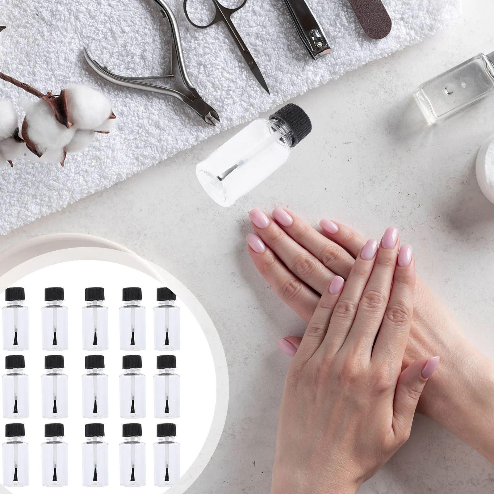 

20 шт. прозрачных ПЭТ-бутылок по 20 мл с черными крышками, пустые флаконы для лака для ногтей, многоразовые контейнеры для хранения материалов для DIY-творчества