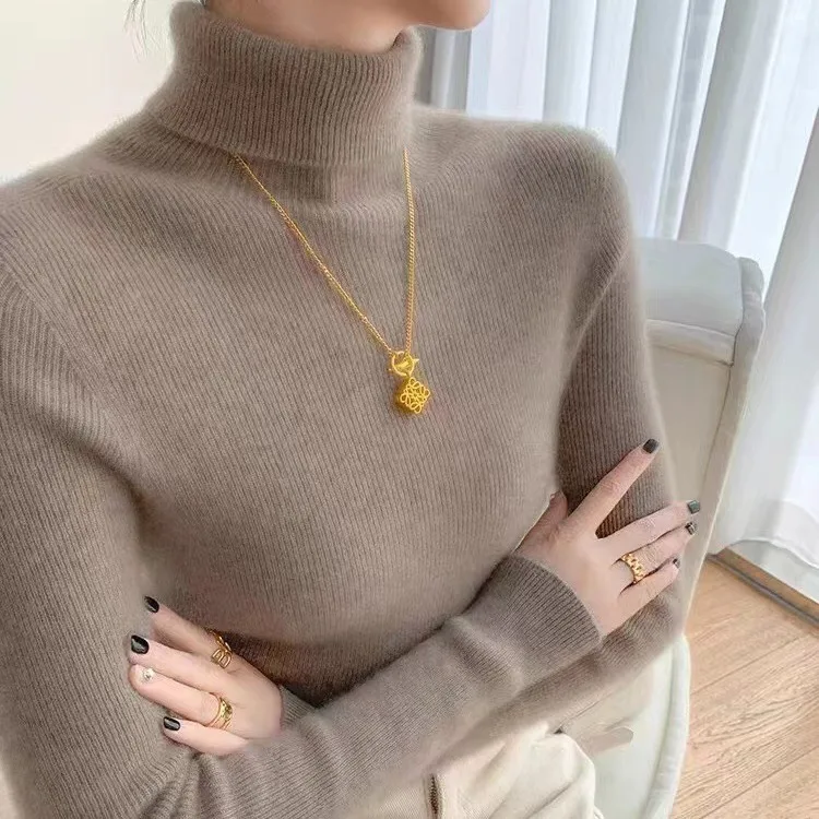 100% Cashmere Soft First-line Ready To Wear Striped Knitted Autumn/Winter Women's Fashion New Item Pile Collar Warm Base Sweater