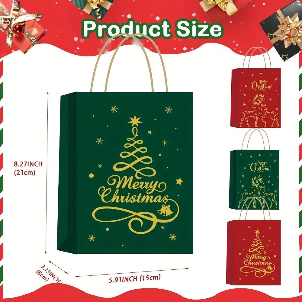 3/12 Pcs Christmas Gift Bag Set, Gold Tree Print Red Green Metallic Edge, Handled Holiday Gift Pouches image 4