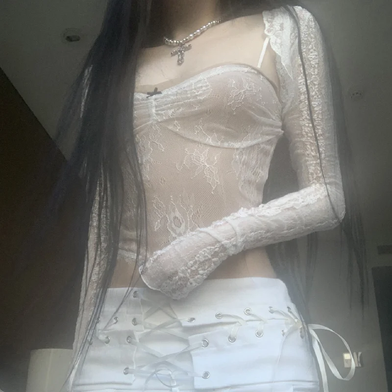 Set da donna sexy casual in due pezzi con canotta patchwork in pizzo, top a maniche lunghe per ragazze