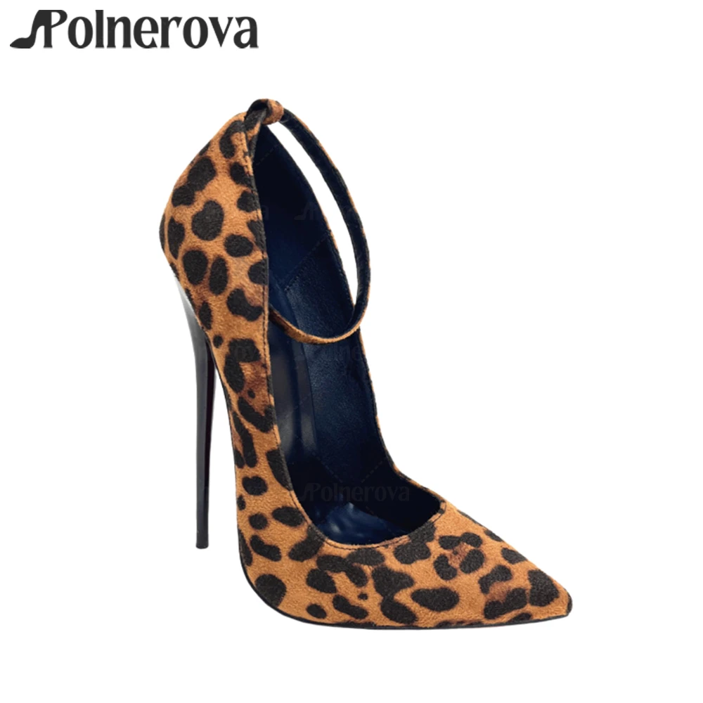 

16cm Extreme Leopard Print Suede Pumps Ankle Strap Pointed Toe Stilettos Sexy Style Lacquered Heel Handmade High Heels for Women