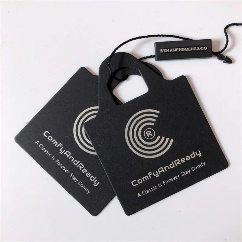 Customized product、Paper Hang Tags for Clothing Logo Hangtag Black Tags Swing with Custom Logo