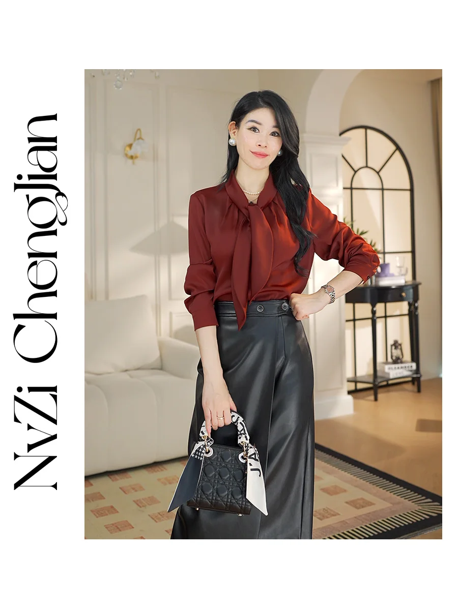 

Ele Women's irt High Gloss A-Line Red Draped Sa Simple Versatile Polyester Fiber Long Sve Stand Collar Autumn Faion