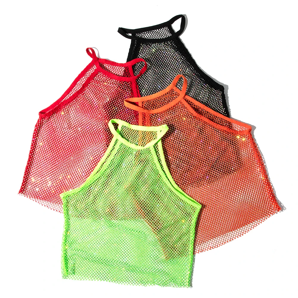 Leqoel Flash Drill Elastic Small Mesh Sexy Top Vest Fluorescent Green Tank Fishnet Slim Fit Cropped For Women