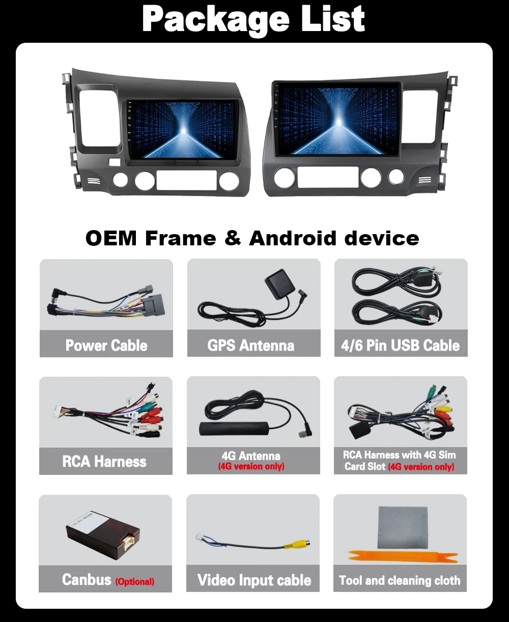 カーGPSマルチメディアラジオ,プレーヤー付きラジオ,ナビゲーター,wifi,4g,ステレオ,BT,Honda Civic 8, Android 14,2005-2012