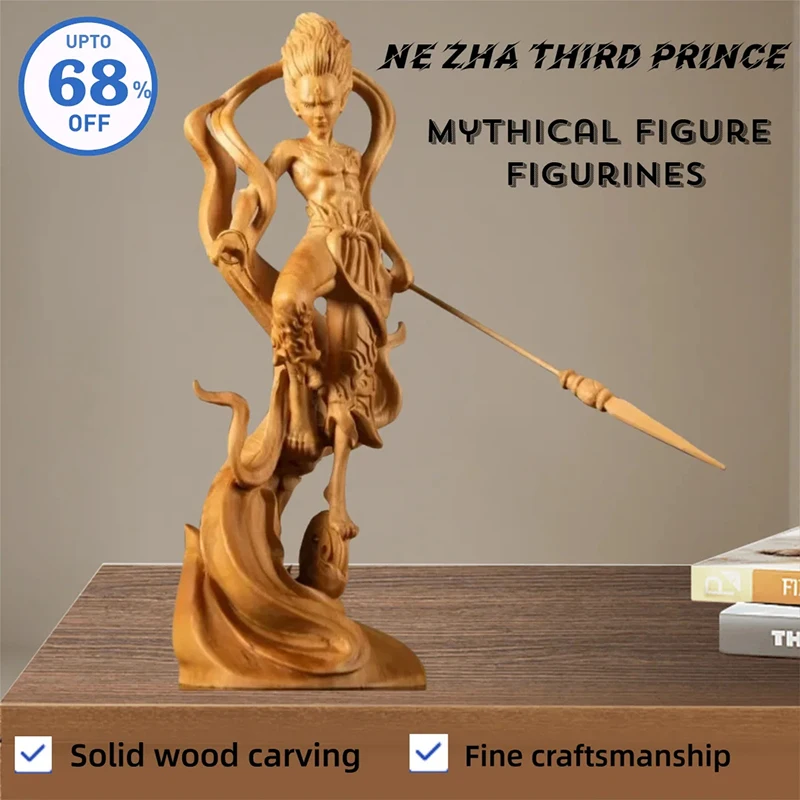 

Wood carving Nezha Prince Statue, Natural Solid Wood Chinese Mythology anime figures HomeRoom Office decoration and accessories