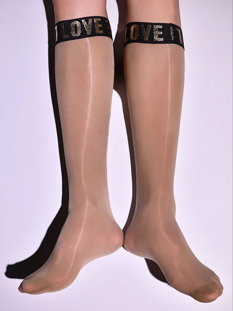 Sexy Men Cute Letter Oil Glossy Stockings Sheer See Through Shiny Silk Thin Elastic Nylon Stockings Socks Transparent Tights