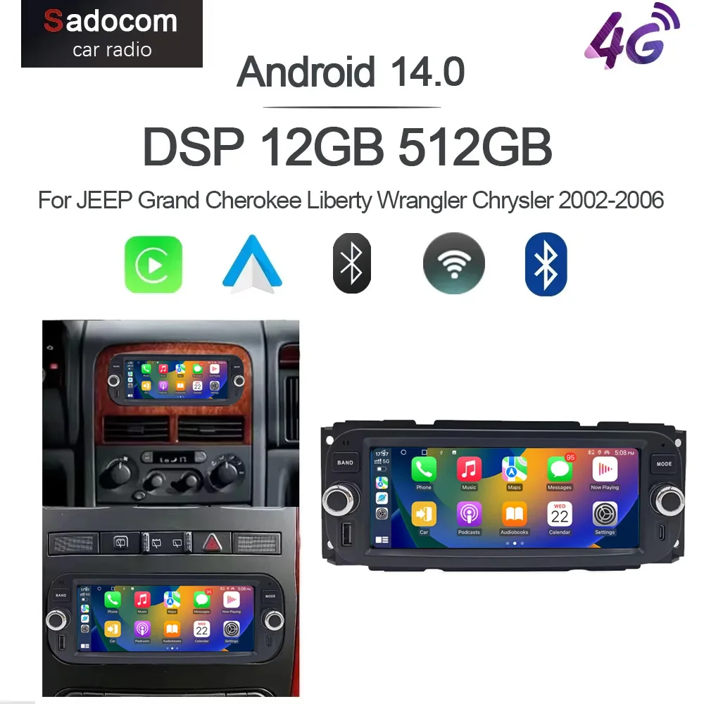 Carplay Android 14 12G RAM Auto-Multimedia-Player Navigation GPS WIFI Für JEEP Grand Cherokee Liberty Wrangler Chrysler 2002-2006