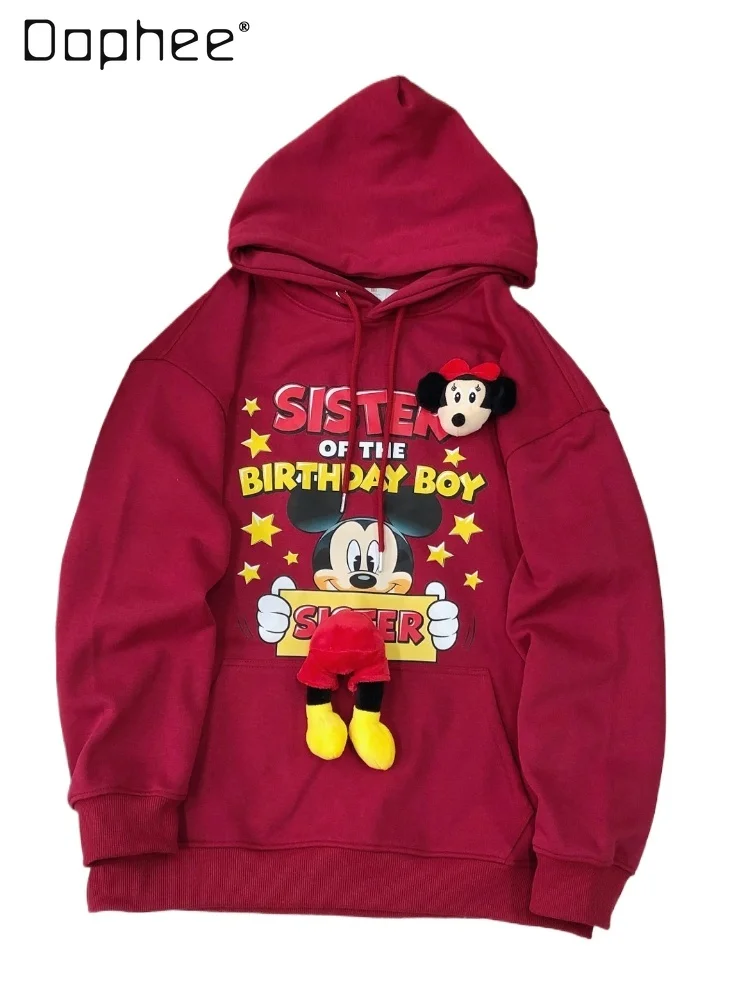 

Autumn New American Retro Cartoon Letter Print Loose Casual Cotton Hooded Pullover Sweatshirts Trendy 3D Decoration Coat Women