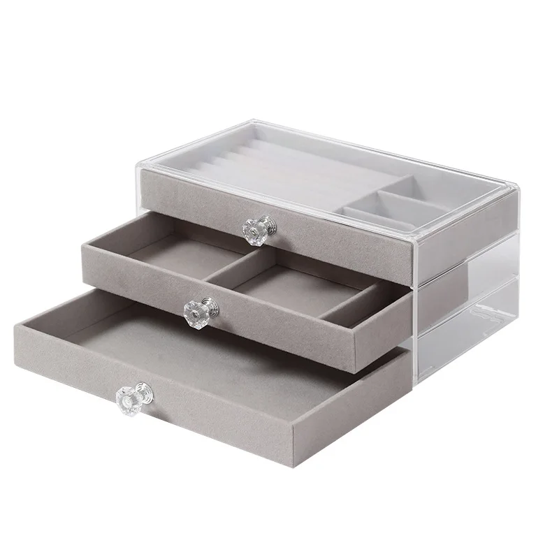 Three Layer Velvet Jewelry Storage Box Gray Carrying Case with Glass Cover Jewelry Ring Display Box Organizer Earrings Showcase