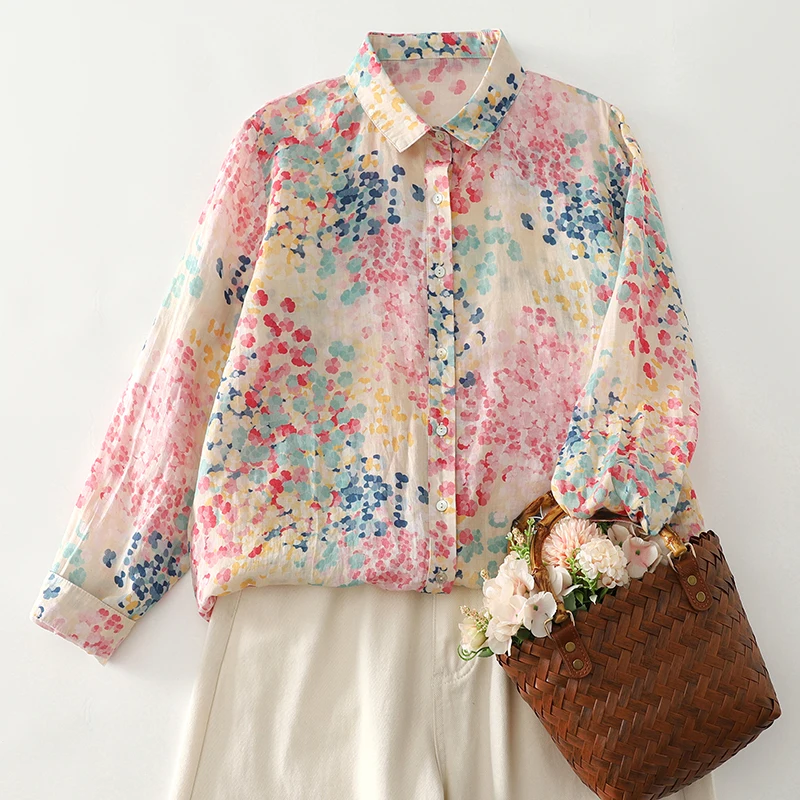 

High-End Macaron Color Linen Floral Print Shirt Women's Loose Fit Thin Long Sleeve Top Breathable Comfortable Artistic Style