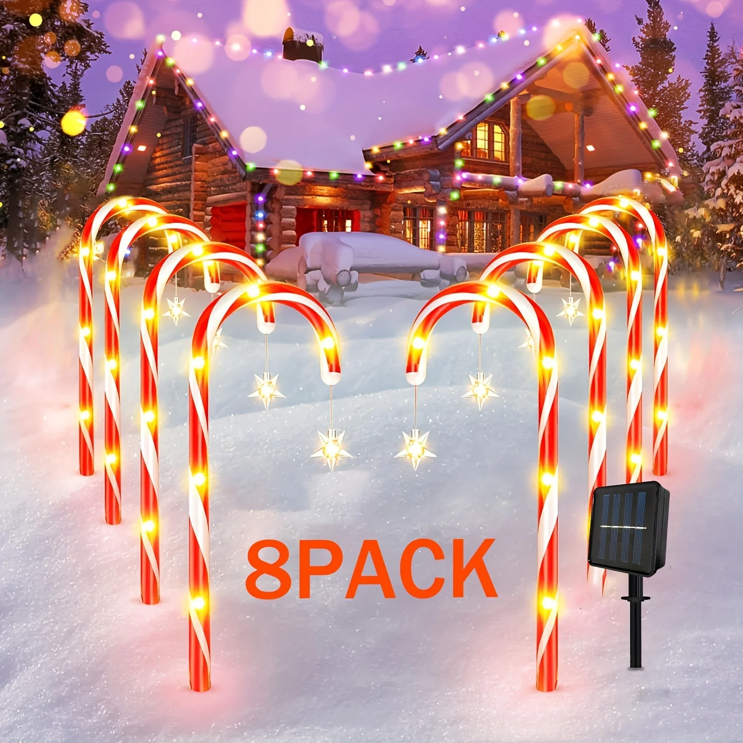 Solar Powered Cane Light, Star Shaped Canes With 8 Lighting Modes, Candy Canes, Vibrant Christmas Decorations - Energy-Saving,